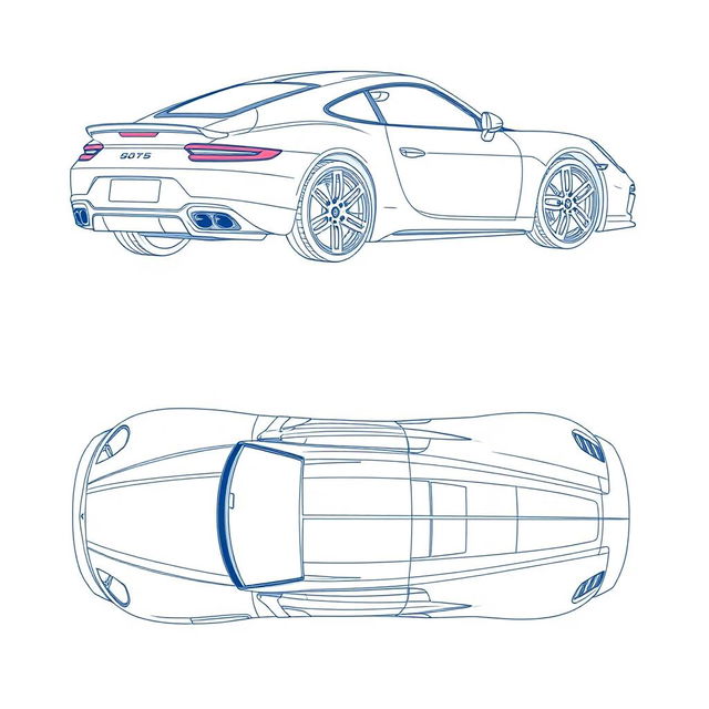 A detailed blueprint of a modern sports car, featuring views from the back, top, left side, and top directions without any duplicates