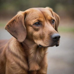 Create a touching image of a brown dog with downcast eyes and a drooping tail, effectively conveying a sense of deep sadness.