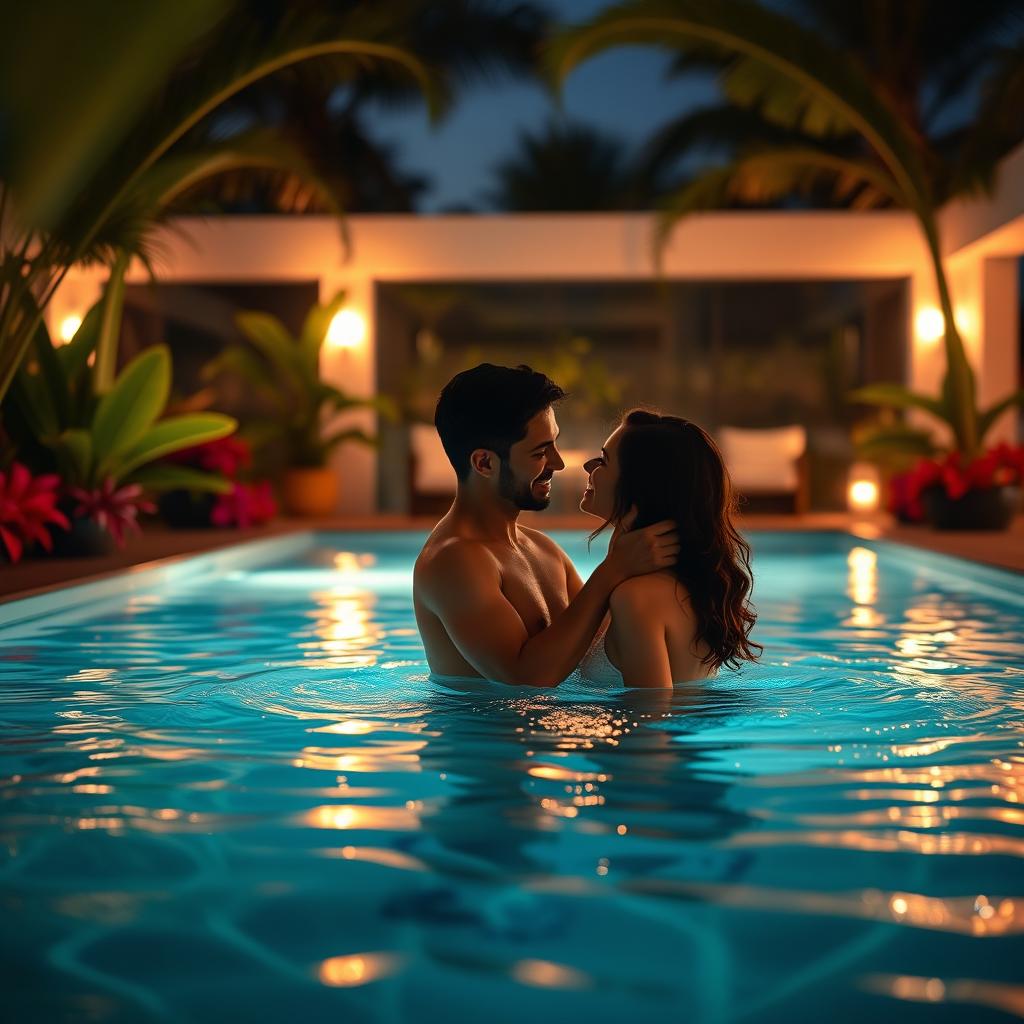 A romantic scene featuring a couple enjoying a private and intimate moment in a beautiful swimming pool