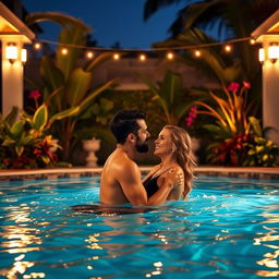 A romantic scene featuring a couple enjoying a private and intimate moment in a beautiful swimming pool