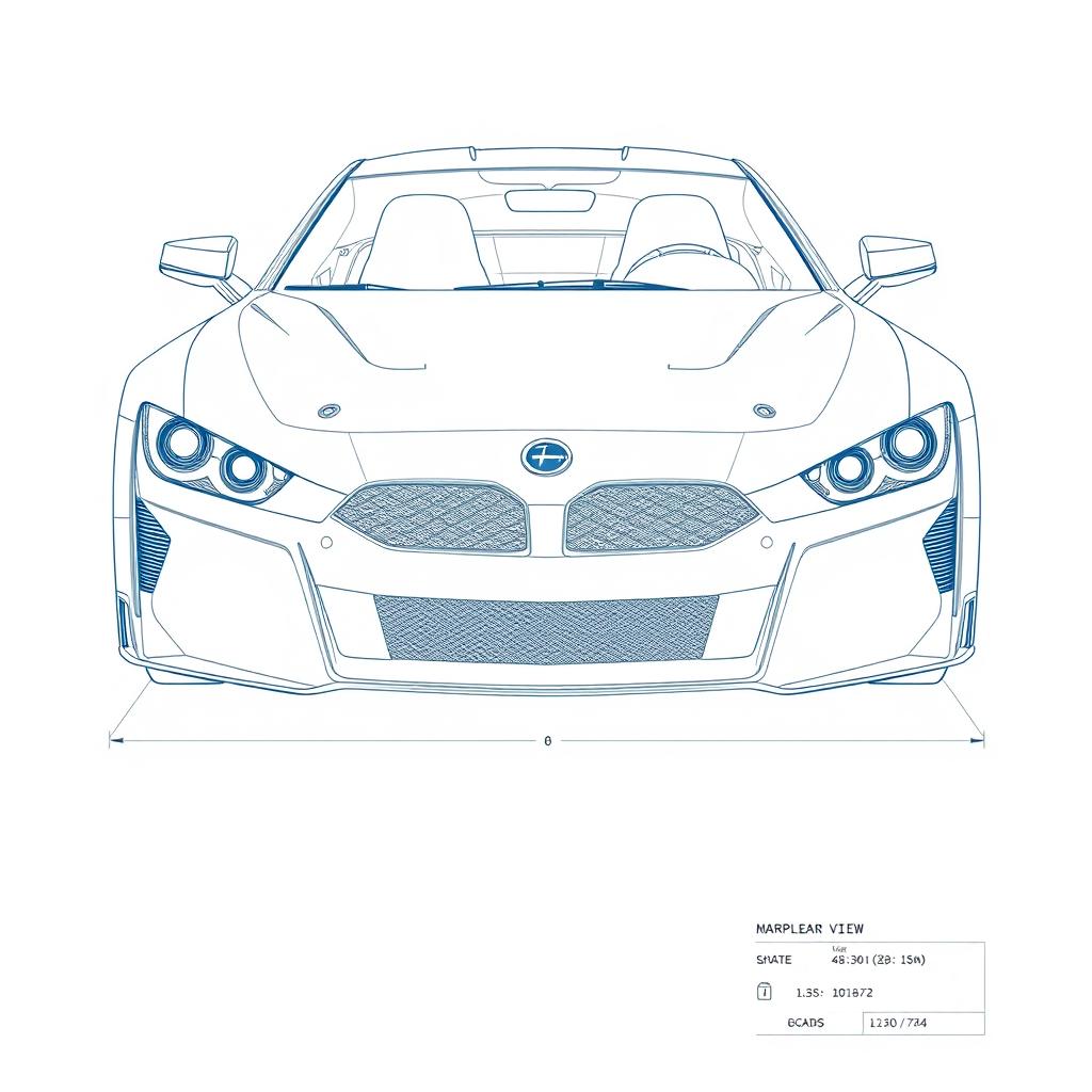 A detailed blueprint of a modern sports car, focusing solely on the front view without any duplicates