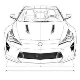 A detailed blueprint of a modern sports car, focusing solely on the front view without any duplicates