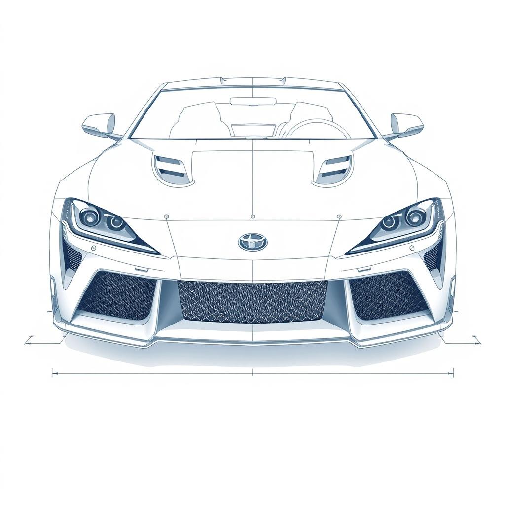 A detailed blueprint of a modern sports car, focusing solely on the front view without any duplicates