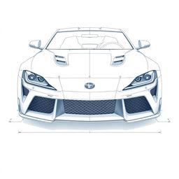 A detailed blueprint of a modern sports car, focusing solely on the front view without any duplicates