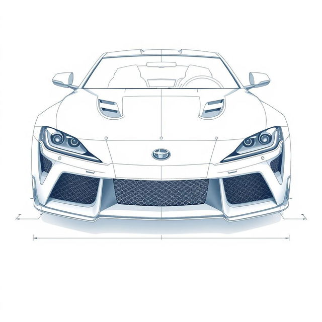 A detailed blueprint of a modern sports car, focusing solely on the front view without any duplicates