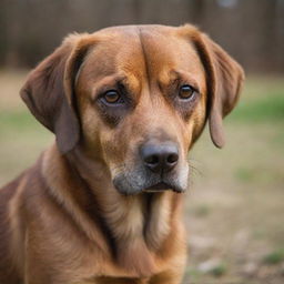 Create a touching image of a brown dog with downcast eyes and a drooping tail, effectively conveying a sense of deep sadness.