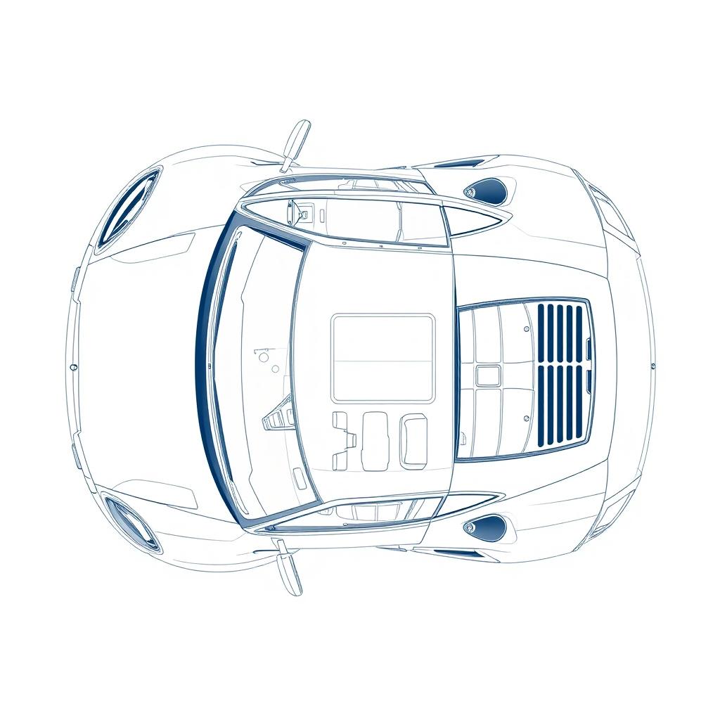 A detailed blueprint of a modern sports car, focusing exclusively on the top view without any duplicates