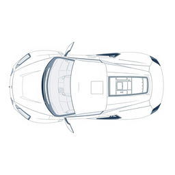 A detailed blueprint of a modern sports car, focusing exclusively on the top view without any duplicates