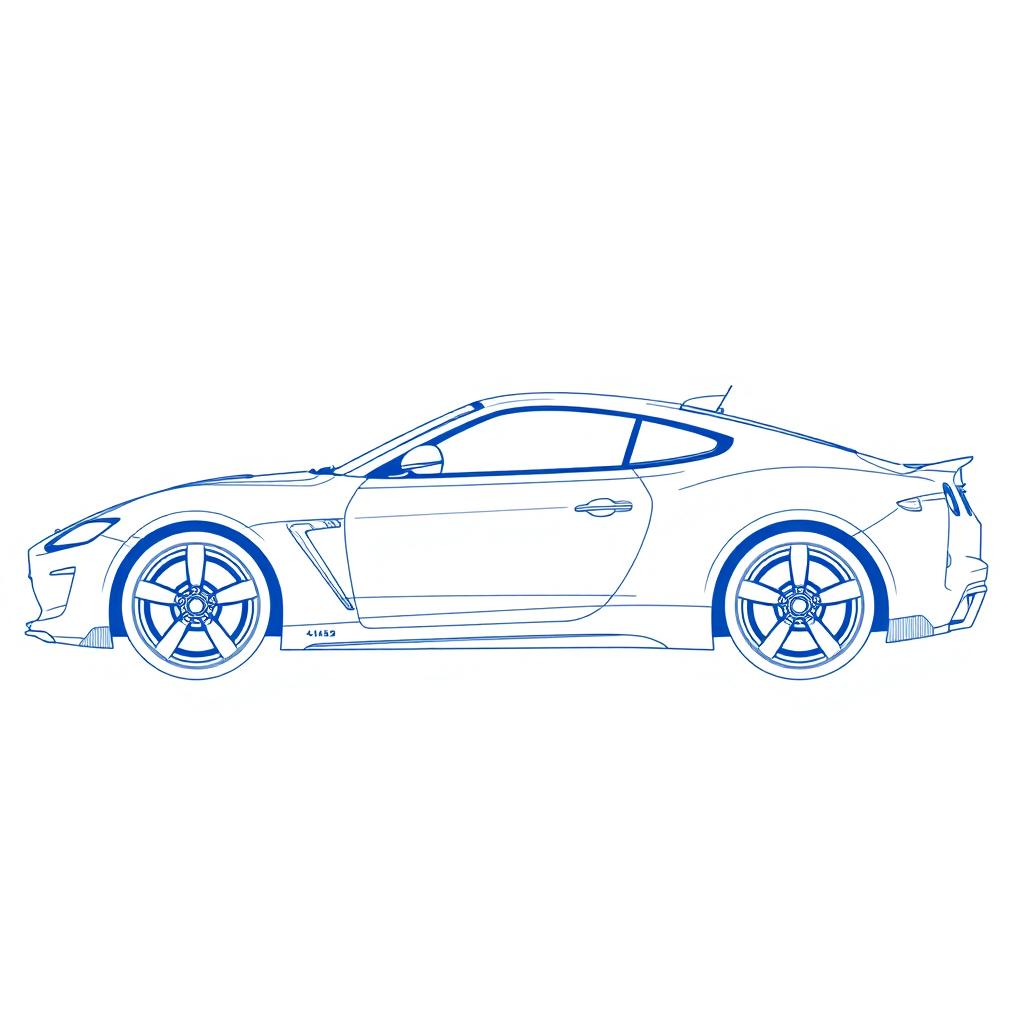 A detailed blueprint of a modern sports car, focusing exclusively on the left side view without any duplicates