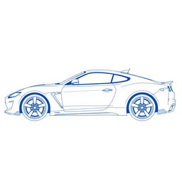 A detailed blueprint of a modern sports car, focusing exclusively on the left side view without any duplicates