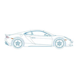 A detailed blueprint of a modern sports car, focusing exclusively on the left side view without any duplicates