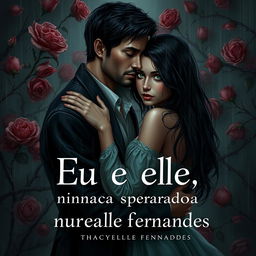 A realistic and romantic scene titled 'Eu e ele, nunca separados,' depicting a tall, dark-haired man and a woman with long dark hair and vibrant green eyes