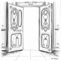 A hand-drawn black and white illustration of an ajar door with gentle light filtering through the opening, symbolizing the entrance to a space of inner sadness and the possibility of illumination and healing