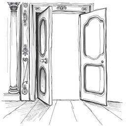 A hand-drawn black and white illustration of an ajar door with gentle light filtering through the opening, symbolizing the entrance to a space of inner sadness and the possibility of illumination and healing