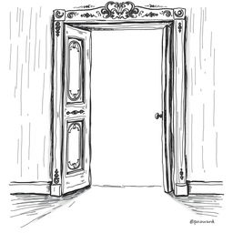 A hand-drawn black and white illustration of an ajar door with gentle light filtering through the opening, symbolizing the entrance to a space of inner sadness and the possibility of illumination and healing