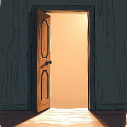 An illustration of an ajar door with soft light gently filtering through the opening, symbolizing the entrance to a space of inner sadness and the potential for illumination and healing