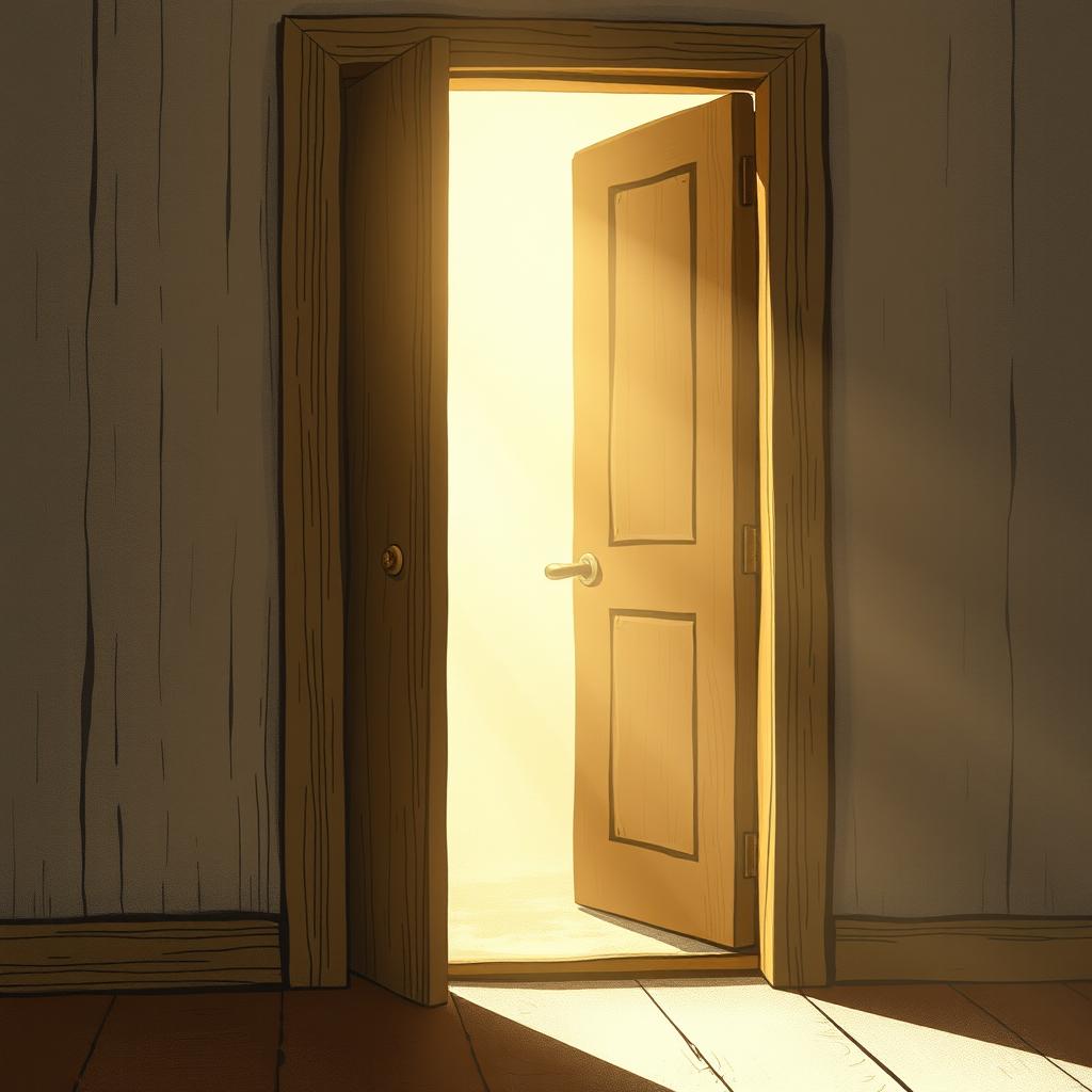 An illustration of an ajar door with soft light gently filtering through the opening, symbolizing the entrance to a space of inner sadness and the potential for illumination and healing