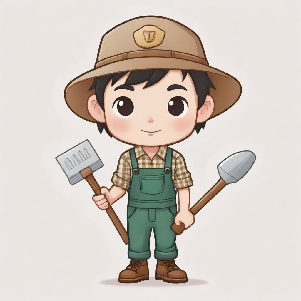 A chibi style illustration of an agriculturist, dressed in farming clothes and holding farming tools, with no background.