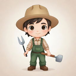 A chibi style illustration of an agriculturist, dressed in farming clothes and holding farming tools, with no background.