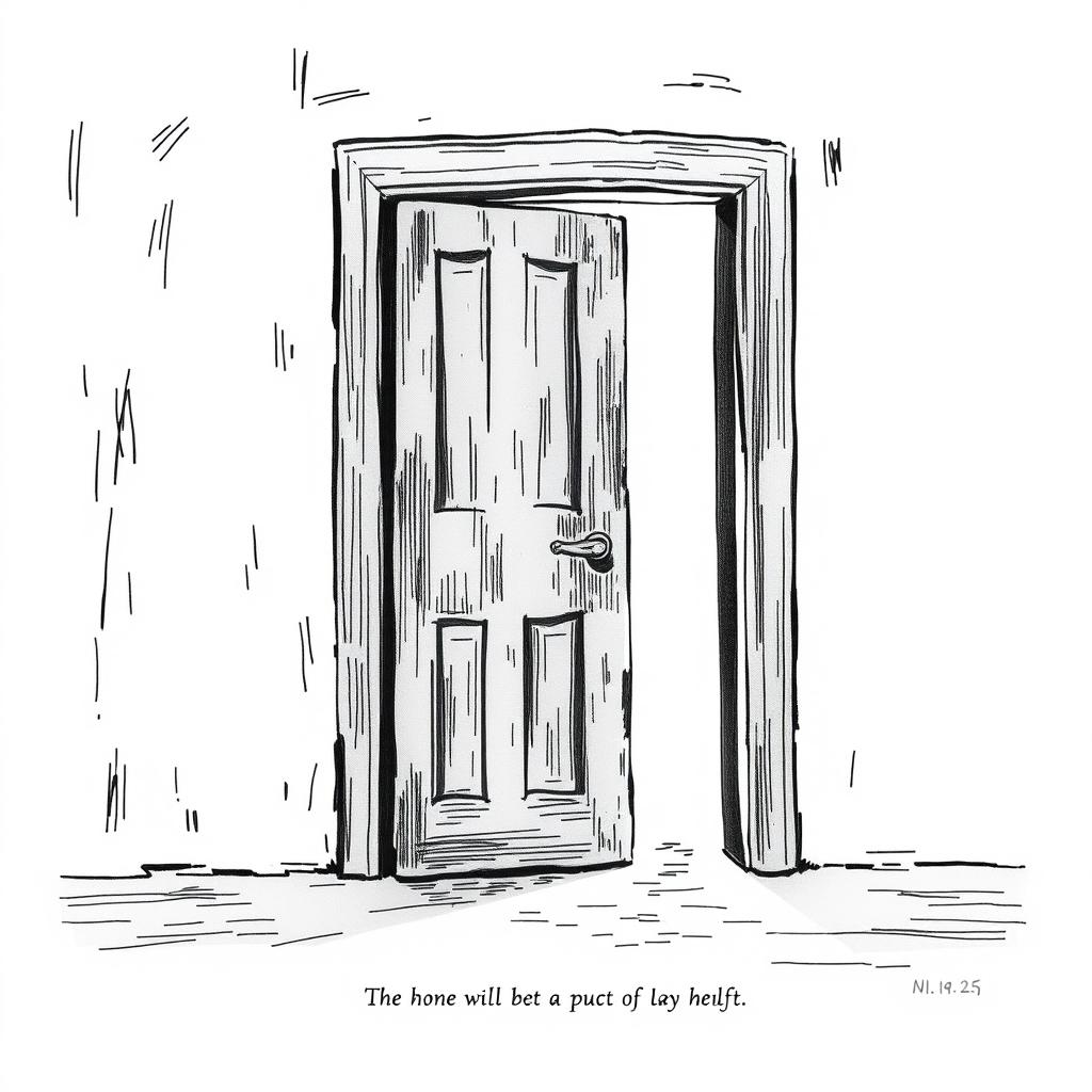 A black and white illustration of an ajar door with soft light filtering through the opening, symbolizing the entrance to a space of inner sadness and the potential for illumination and healing