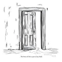 A black and white illustration of an ajar door with soft light filtering through the opening, symbolizing the entrance to a space of inner sadness and the potential for illumination and healing