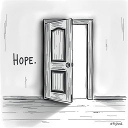 A black and white illustration of an ajar door with soft light filtering through the opening, symbolizing the entrance to a space of inner sadness and the potential for illumination and healing