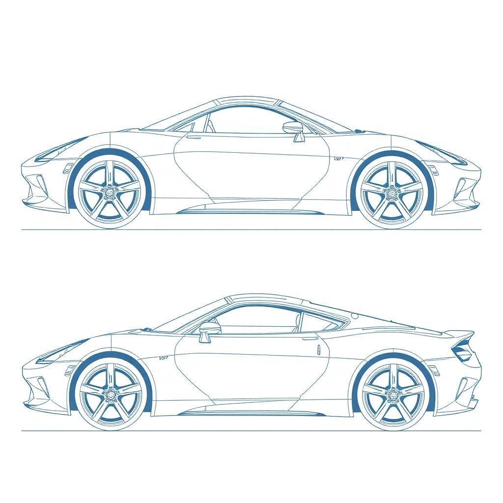 A detailed blueprint of a modern sports car, showcasing both left and right side views without any duplicates