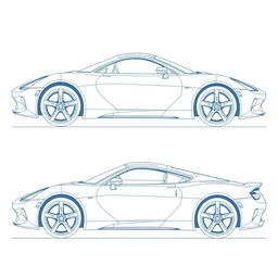 A detailed blueprint of a modern sports car, showcasing both left and right side views without any duplicates