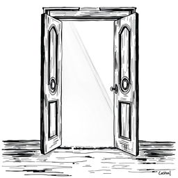 A black and white illustration of an ajar door with soft light filtering through the opening, symbolizing the entrance to a space of inner sadness and the potential for illumination and healing