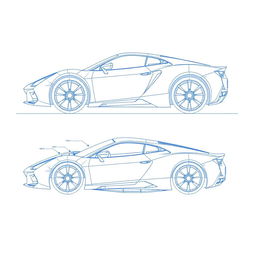 A detailed blueprint of a modern sports car, showcasing both left and right side views without any duplicates