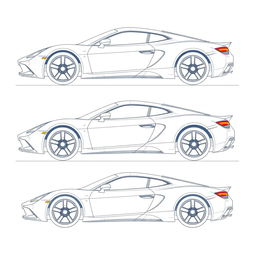 A detailed blueprint of a modern sports car, showcasing both left and right side views without any duplicates