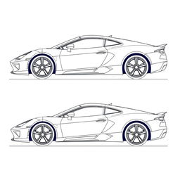 A detailed blueprint of a modern sports car, showcasing both left and right side views without any duplicates