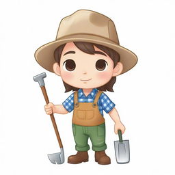 A chibi style illustration of an agriculturist, dressed in farming clothes and holding farming tools, with no background.