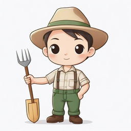 A chibi style illustration of an agriculturist, dressed in farming clothes and holding farming tools, with no background.