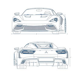 A detailed blueprint of a modern sports car, featuring both front and back views without any duplicates