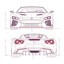 A detailed blueprint of a modern sports car, featuring both front and back views without any duplicates