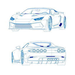 A detailed blueprint of a modern sports car, featuring both front and back views without any duplicates
