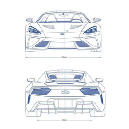 A detailed blueprint of a modern sports car, featuring both front and back views without any duplicates