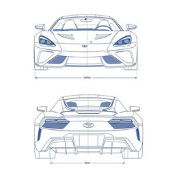 A detailed blueprint of a modern sports car, featuring both front and back views without any duplicates