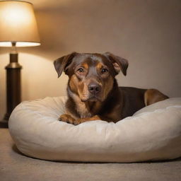 Illustrate a restless brown dog lying in his comfy dog bed, eyes open wide, unable to sleep, bathed in the soft glow of a nearby night lamp.