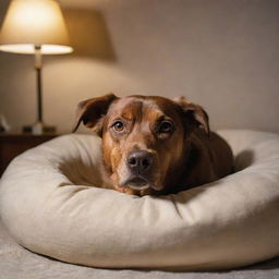 Illustrate a restless brown dog lying in his comfy dog bed, eyes open wide, unable to sleep, bathed in the soft glow of a nearby night lamp.