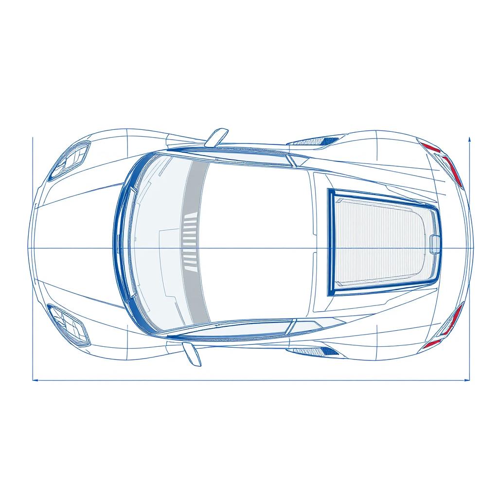 A detailed blueprint of a modern sports car, showcasing the top view without any duplicates