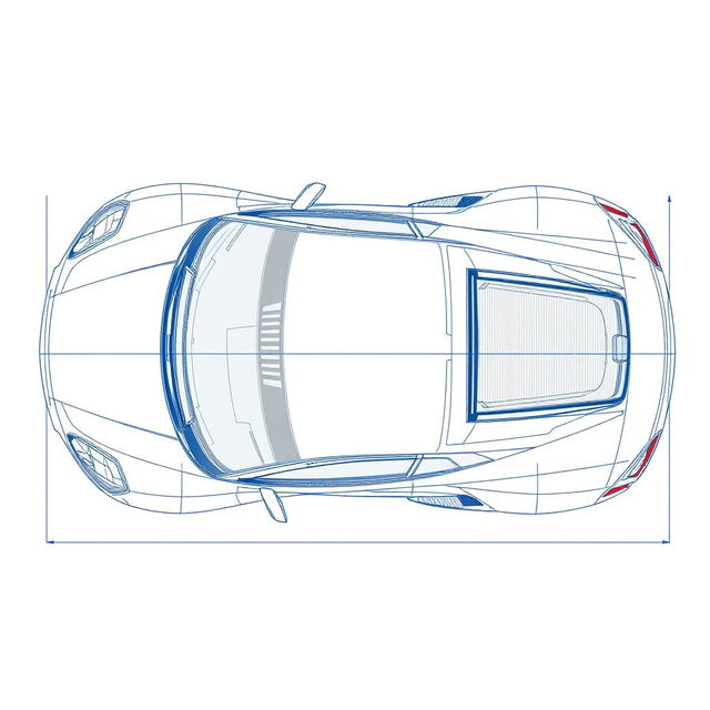 A detailed blueprint of a modern sports car, showcasing the top view without any duplicates