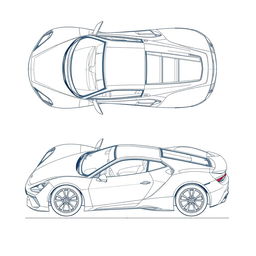 A detailed blueprint of a modern sports car, featuring top and right side views without any duplicates