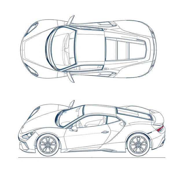 A detailed blueprint of a modern sports car, featuring top and right side views without any duplicates