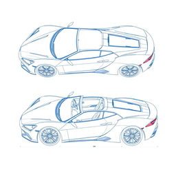 A detailed blueprint of a modern sports car, featuring top and right side views without any duplicates