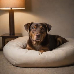 Illustrate a restless brown dog lying in his comfy dog bed, eyes open wide, unable to sleep, bathed in the soft glow of a nearby night lamp.