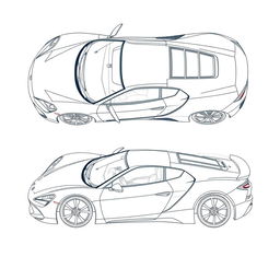 A detailed blueprint of a modern sports car, featuring top and right side views without any duplicates