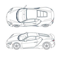 A detailed blueprint of a modern sports car, featuring top and right side views without any duplicates