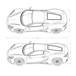 A detailed blueprint of a modern sports car, featuring top and right side views without any duplicates